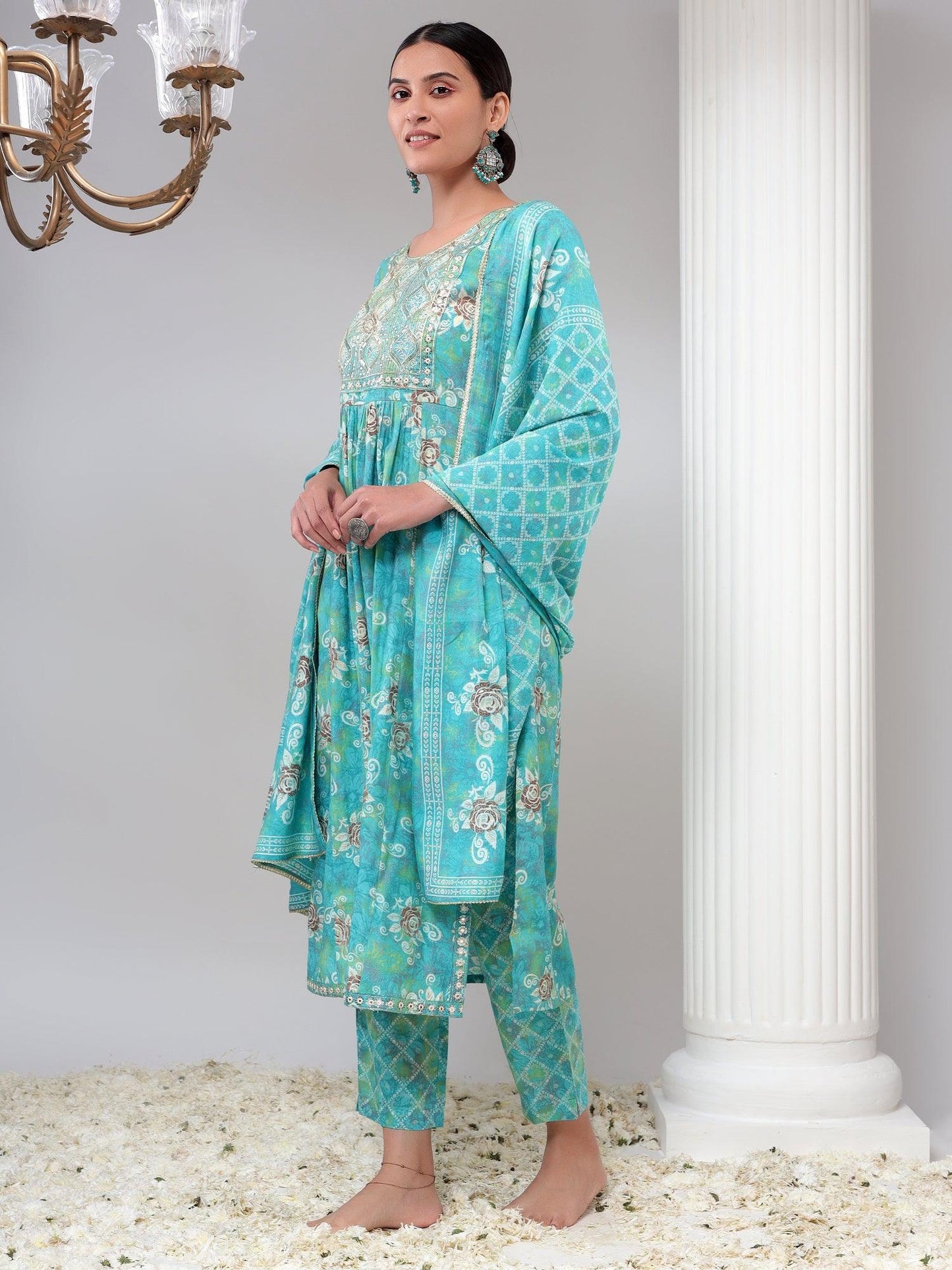 Blue Embroidered Kurta with Trousers & Dupatta Set