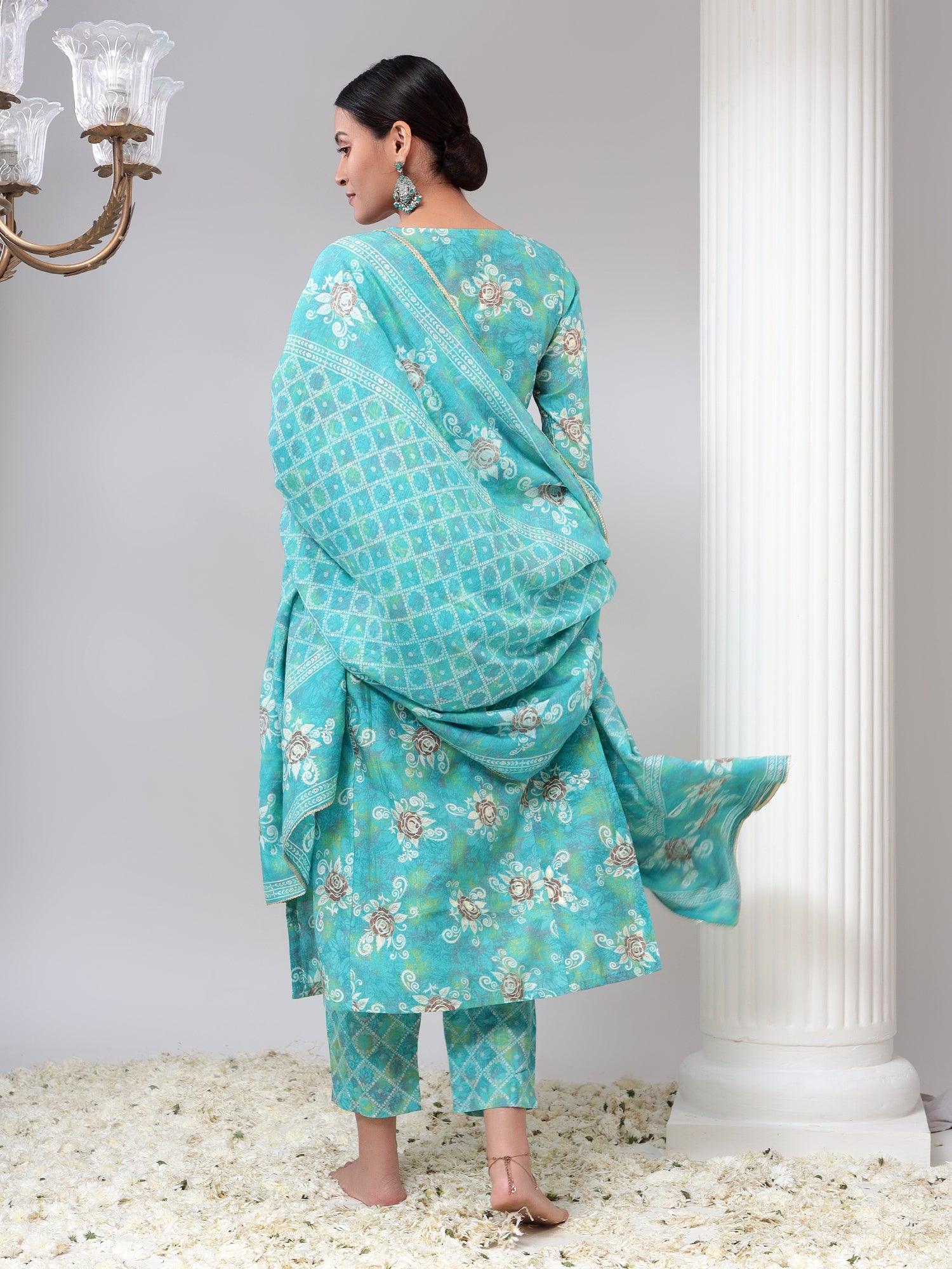 Blue Embroidered Kurta with Trousers & Dupatta Set