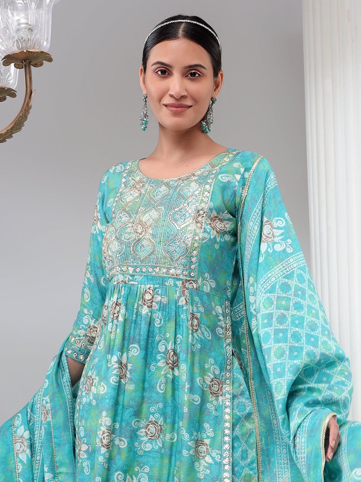 Blue Embroidered Kurta with Trousers & Dupatta Set