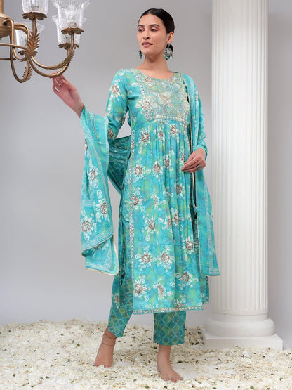 Blue Embroidered Kurta with Trousers & Dupatta Set