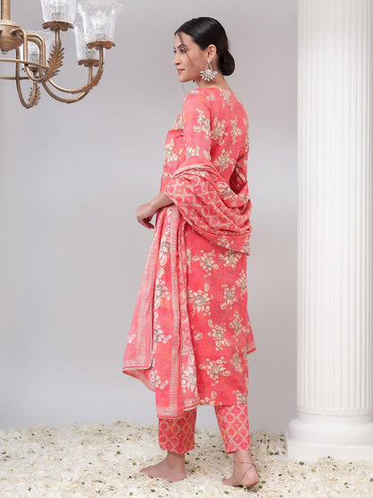 Pink, Cream & Gold Toned Printed Kurta with Trousers & Dupatta Set