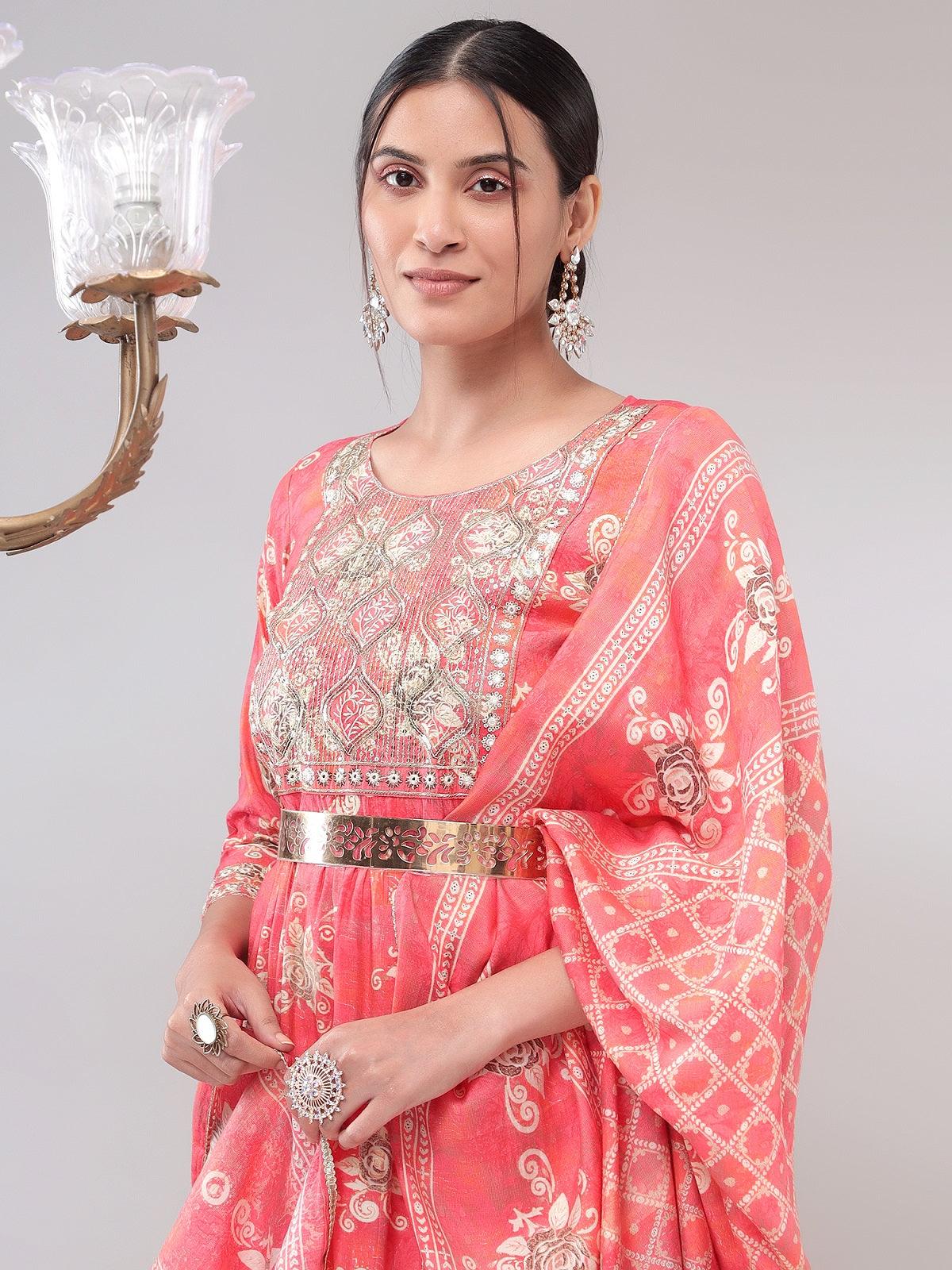 Pink, Cream & Gold Toned Printed Kurta with Trousers & Dupatta Set