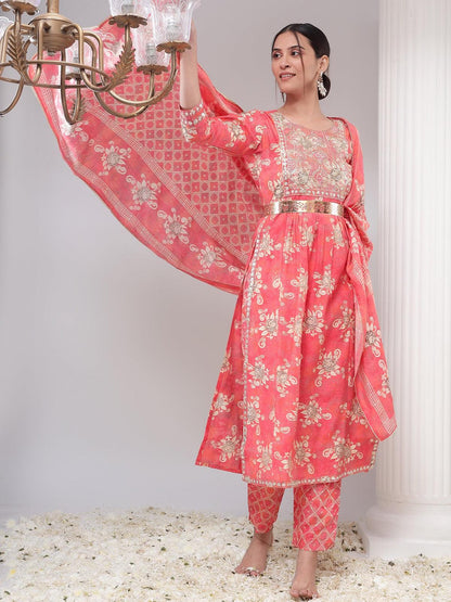 Pink, Cream & Gold Toned Printed Kurta with Trousers & Dupatta Set