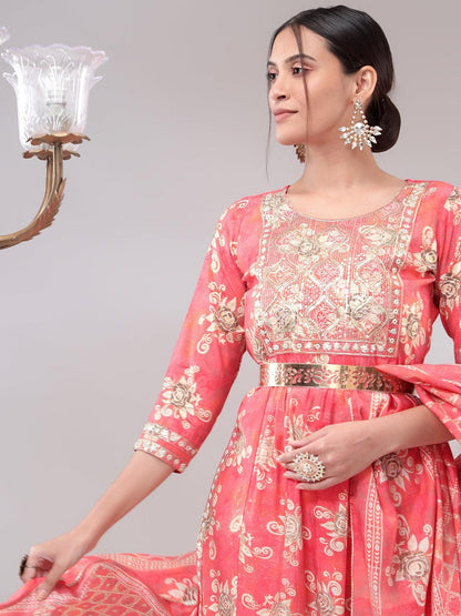 Pink, Cream & Gold Toned Printed Kurta with Trousers & Dupatta Set