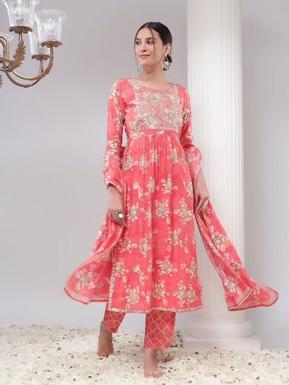 Pink, Cream & Gold Toned Printed Kurta with Trousers & Dupatta Set