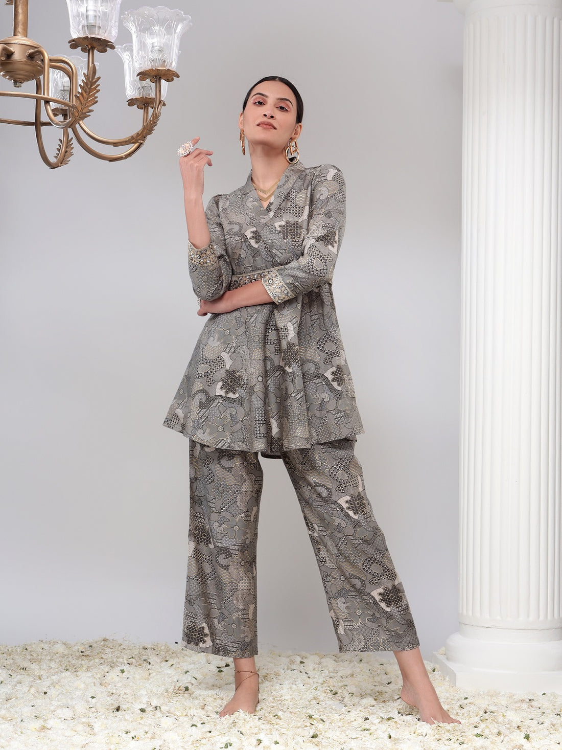 Grey Shawal Collar Womens Tunic with Pant Co-Ord Set