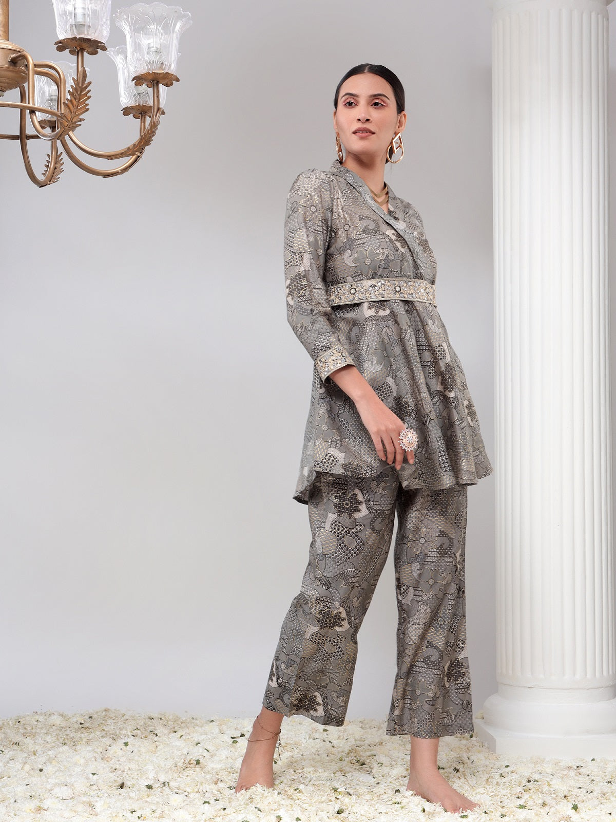 Grey Shawal Collar Womens Tunic with Pant Co-Ord Set