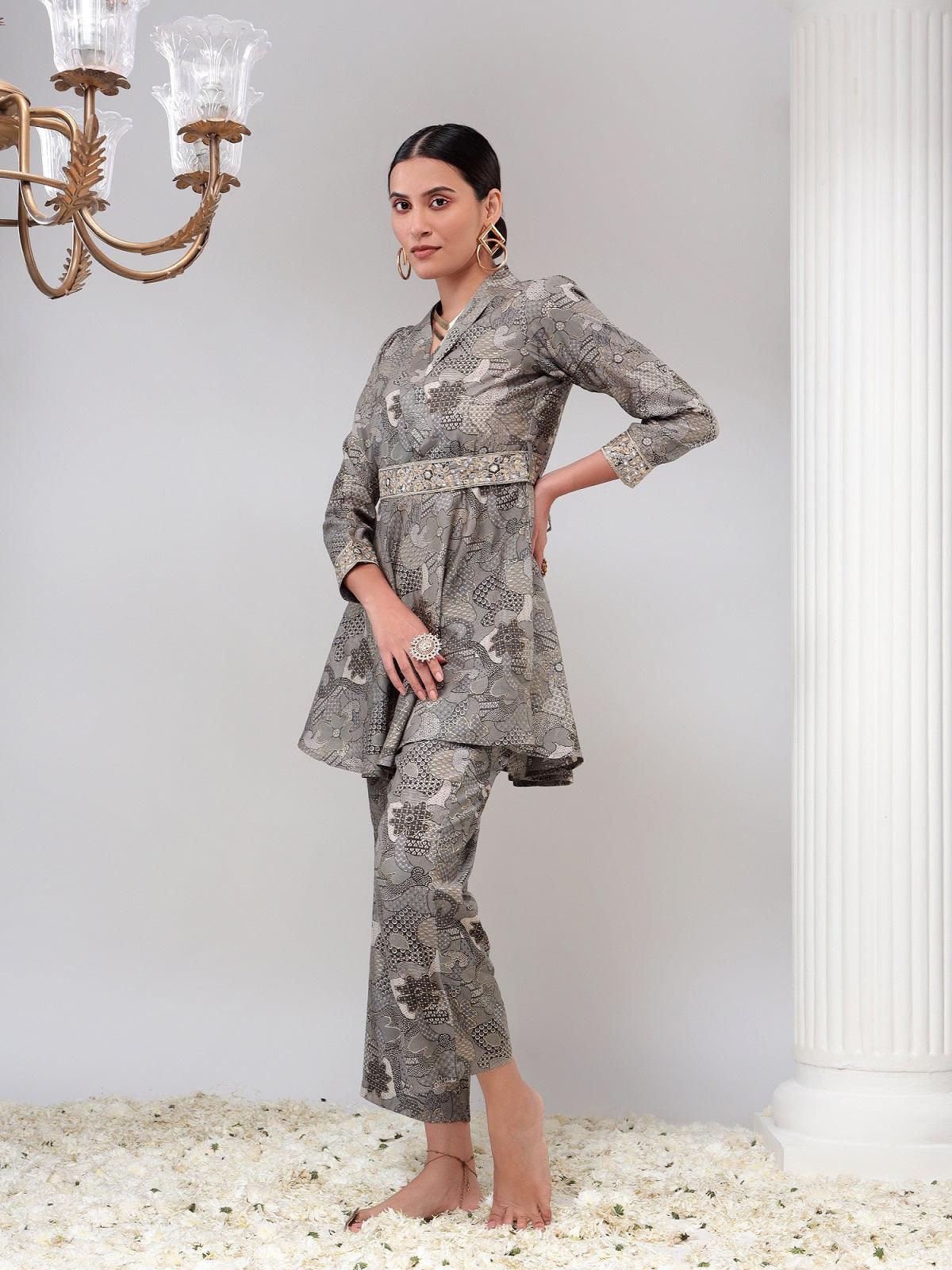 Grey Shawal Collar Womens Tunic with Pant Co-Ord Set