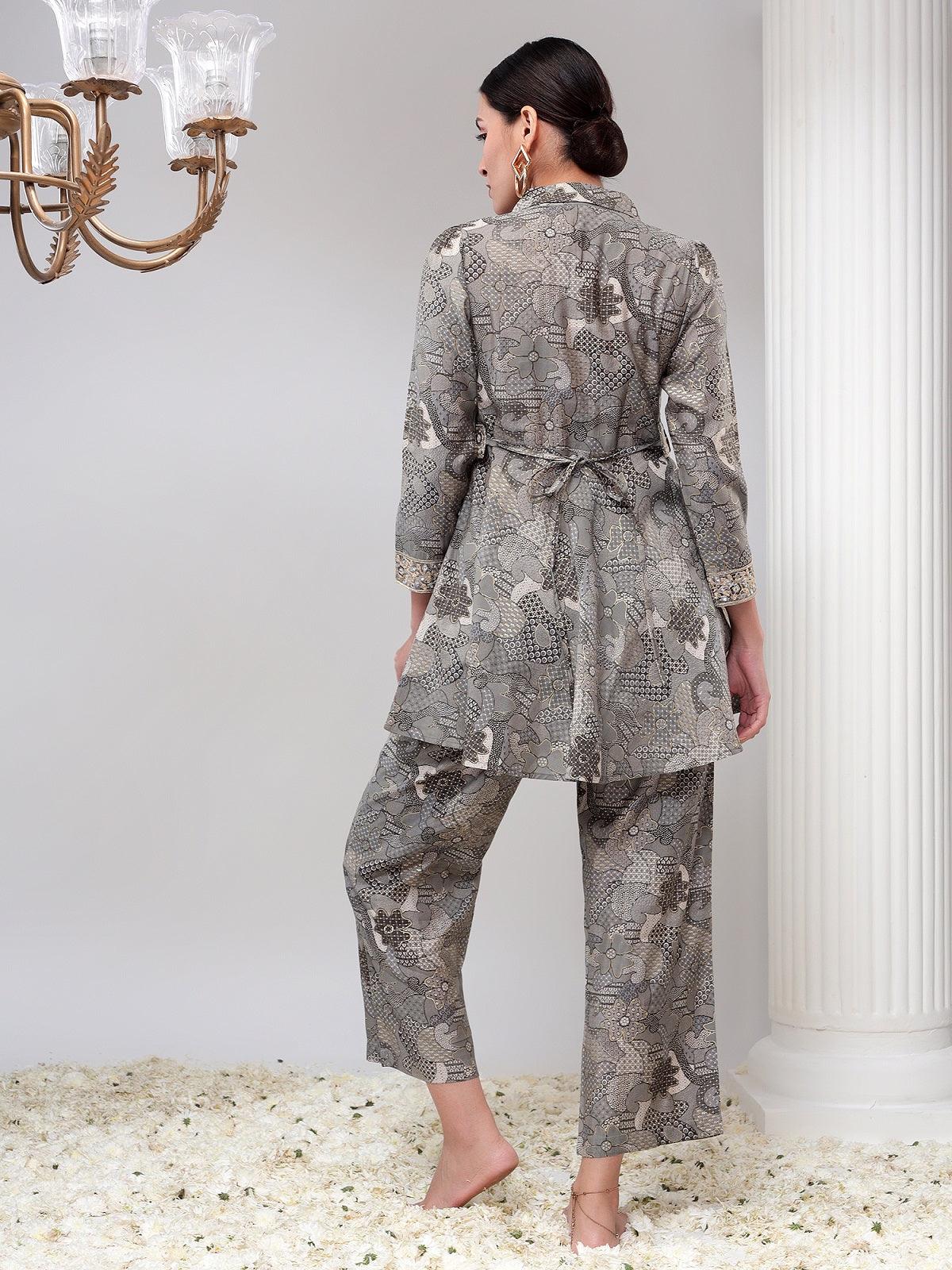 Grey Shawal Collar Womens Tunic with Pant Co-Ord Set