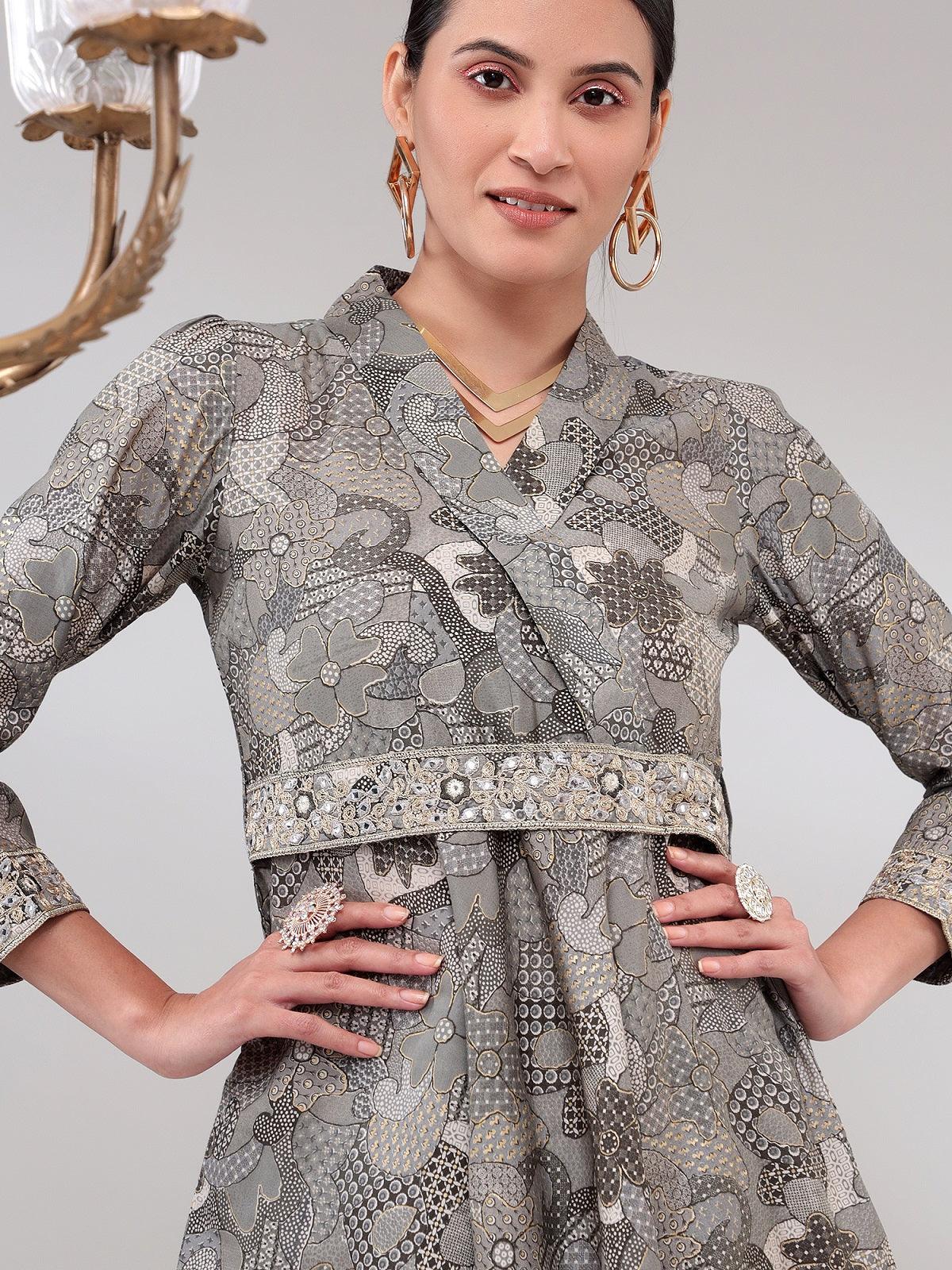 Grey Shawal Collar Womens Tunic with Pant Co-Ord Set