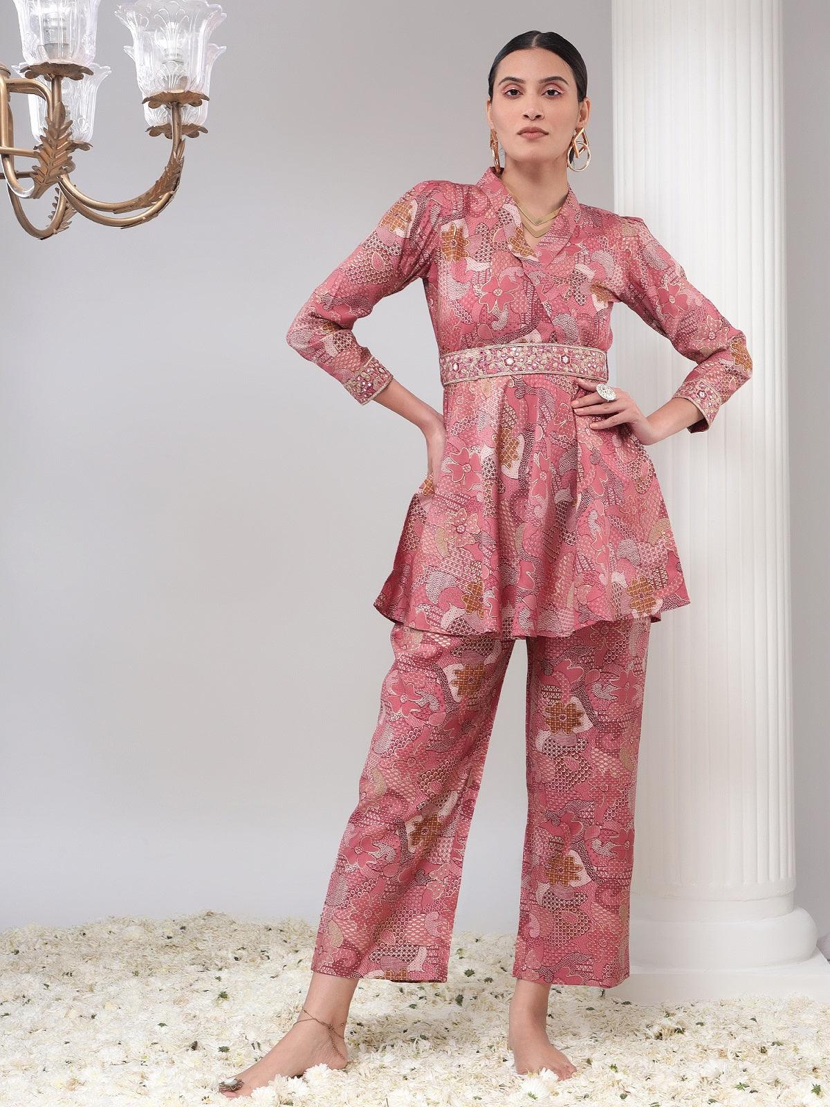 Pink Shawal Collar Womens Tunic with Pant Co-Ord Set