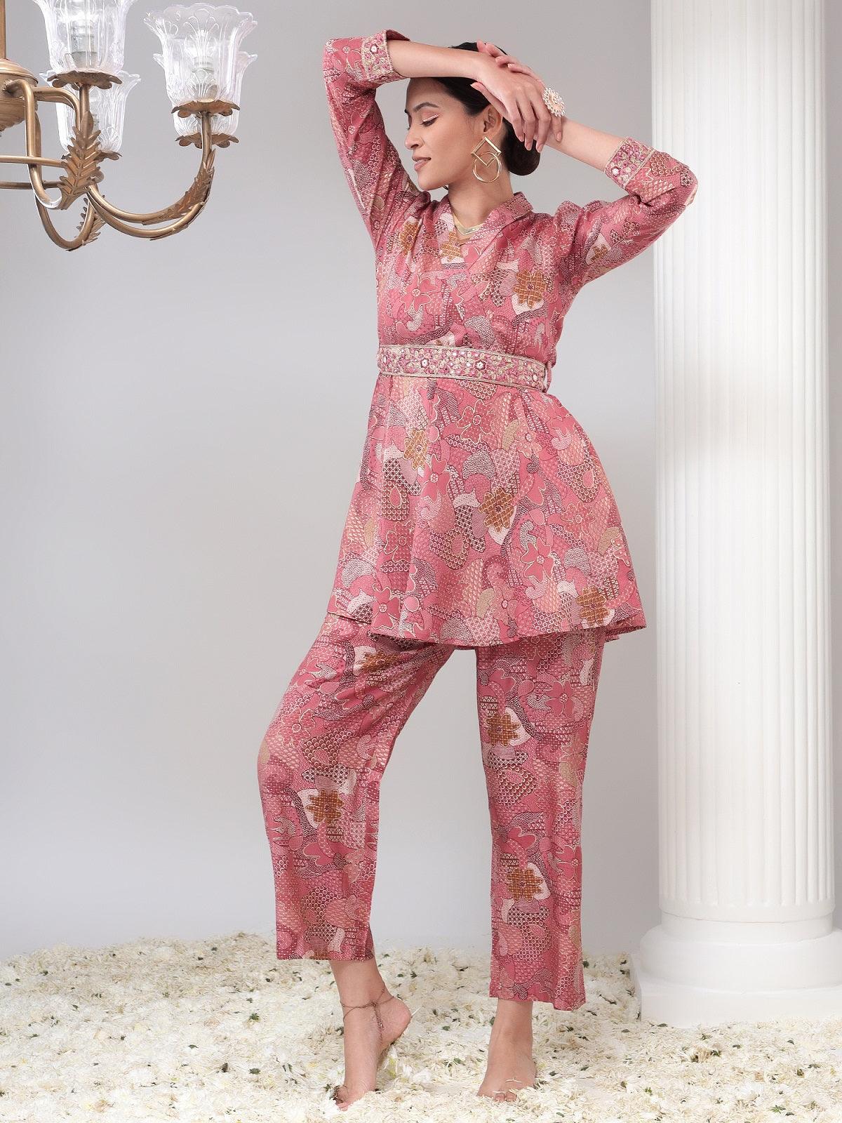 Pink Shawal Collar Womens Tunic with Pant Co-Ord Set