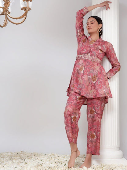 Pink Shawal Collar Womens Tunic with Pant Co-Ord Set