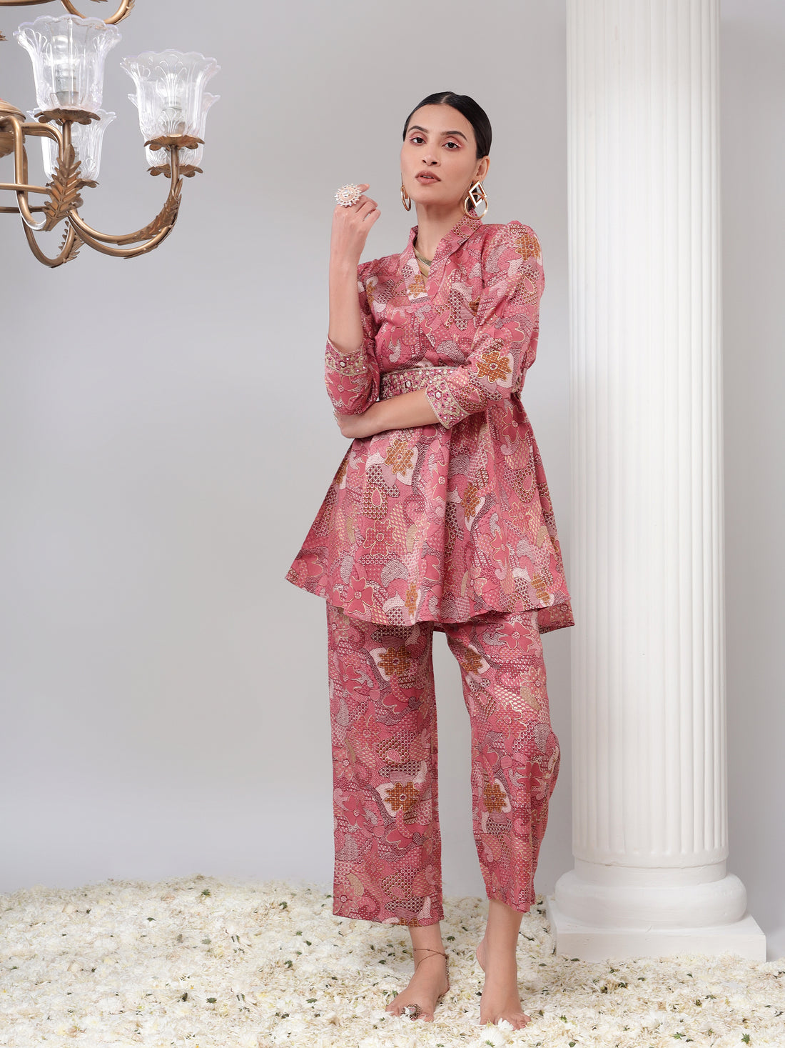 Pink Shawal Collar Womens Tunic with Pant Co-Ord Set