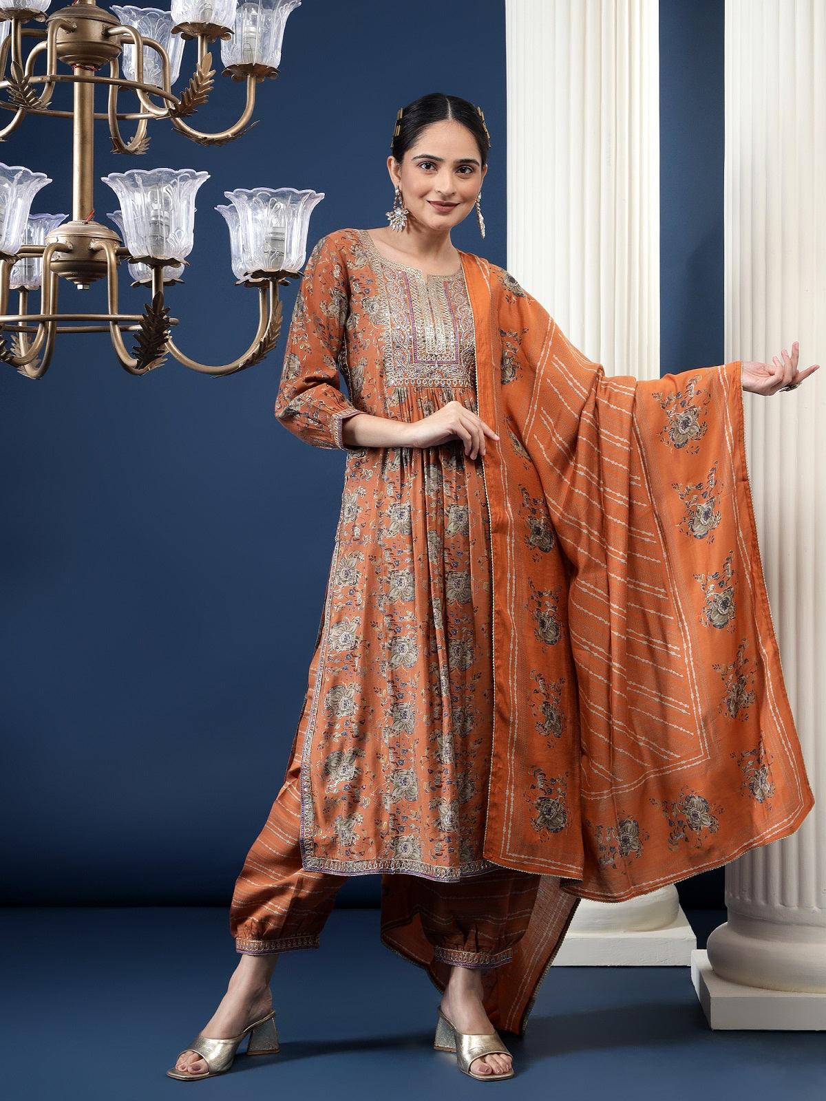 Brown Ethnic Printed Kurta with Salwar & Dupatta Set