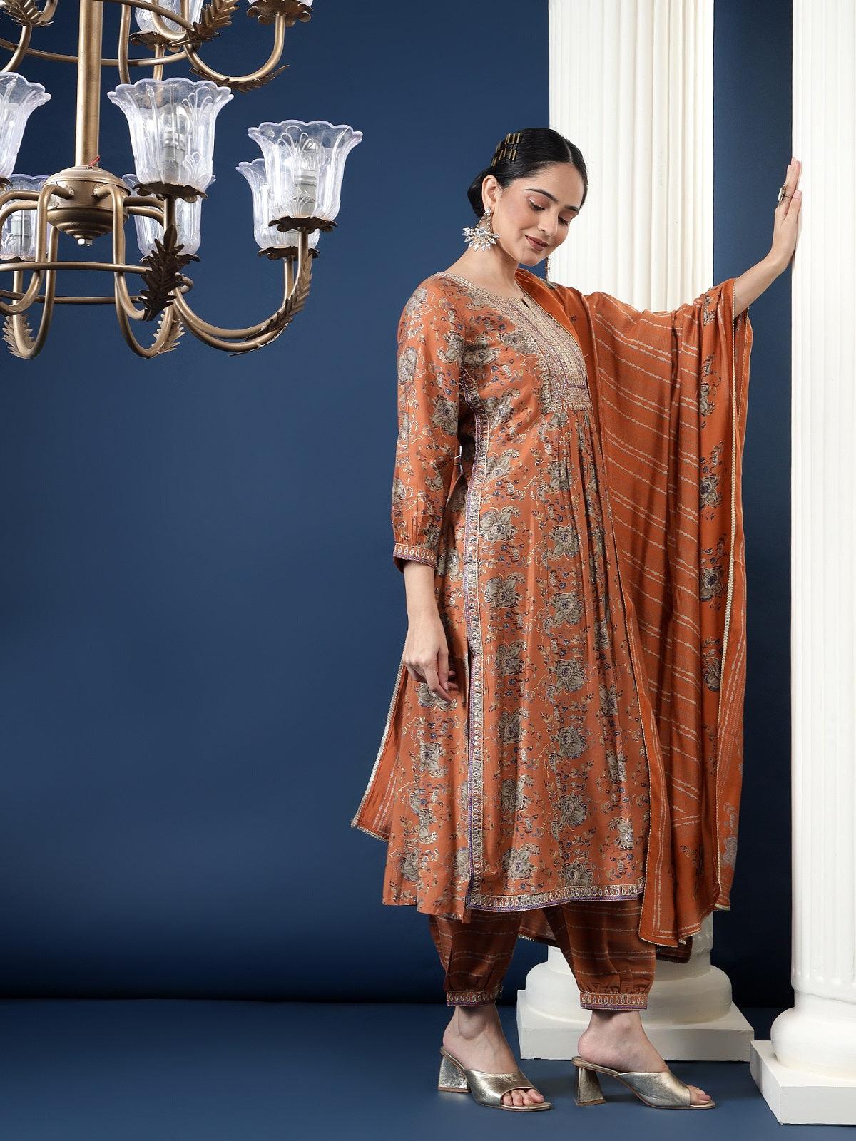 Brown Ethnic Printed Kurta with Salwar & Dupatta Set