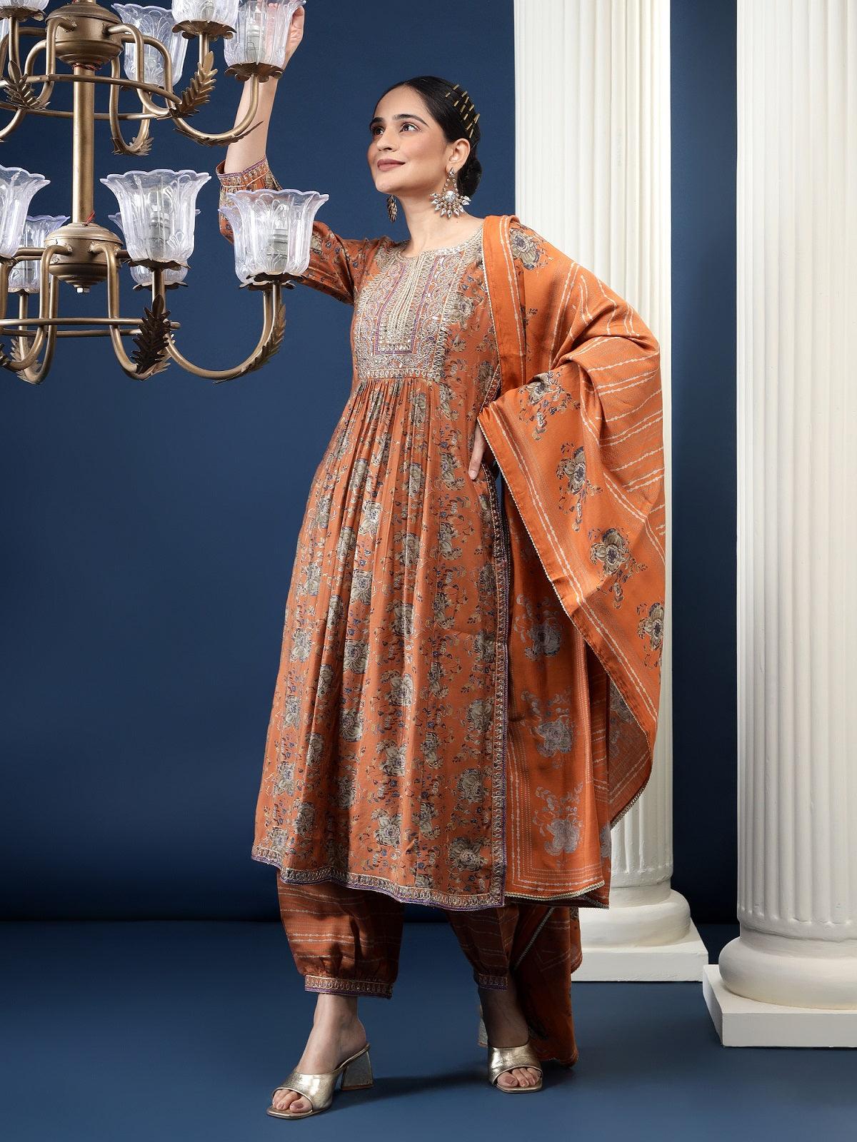 Brown Ethnic Printed Kurta with Salwar & Dupatta Set