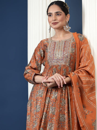 Brown Ethnic Printed Kurta with Salwar & Dupatta Set