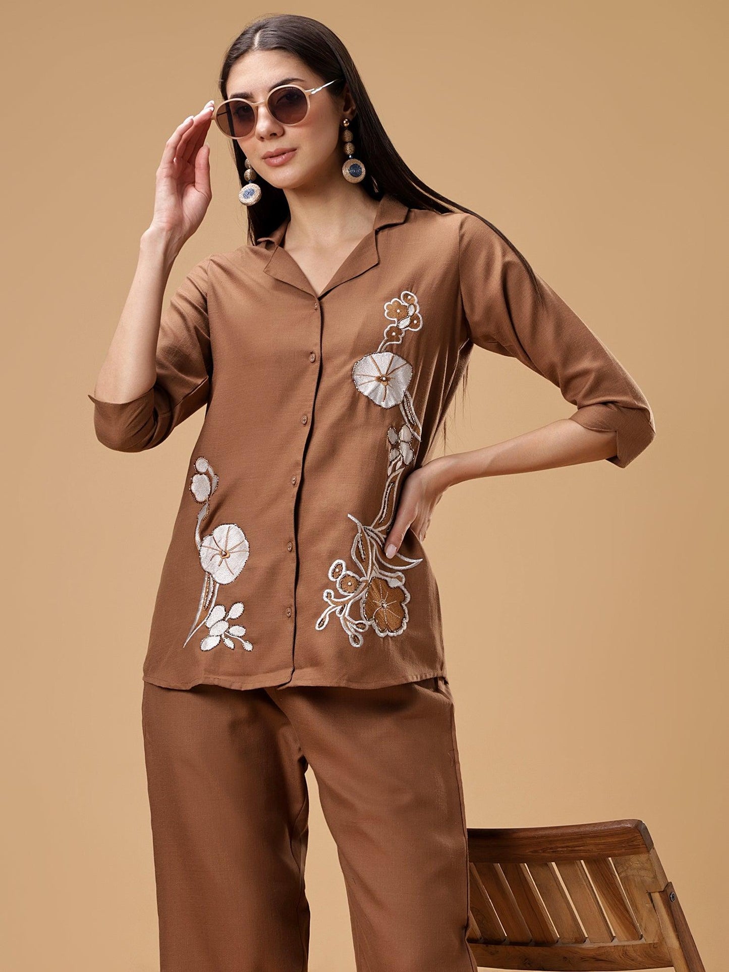 Floral Embroidered Shirt & Palazzos Set