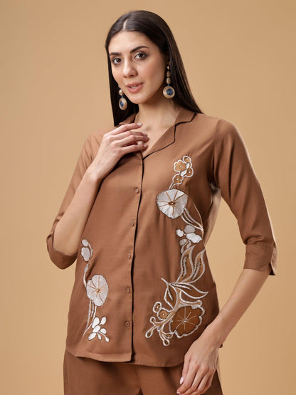 Floral Embroidered Shirt & Palazzos Set