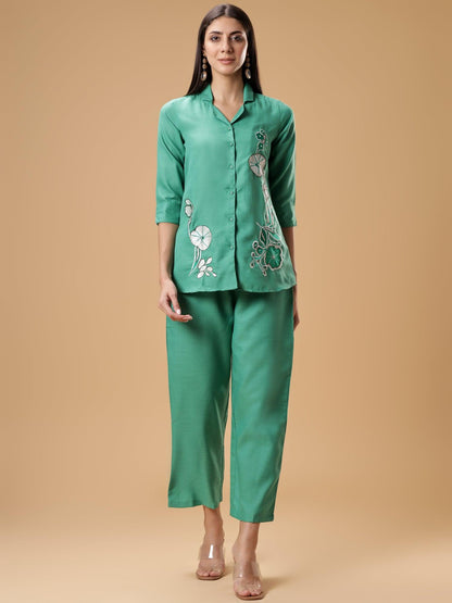 Floral Embroidered Shirt & Palazzos Set