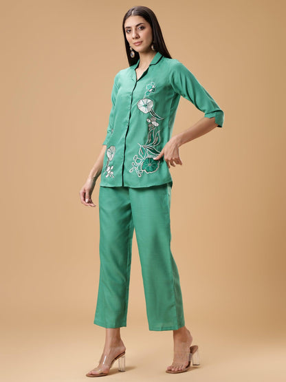 Floral Embroidered Shirt & Palazzos Set