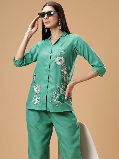 Floral Embroidered Shirt & Palazzos Set