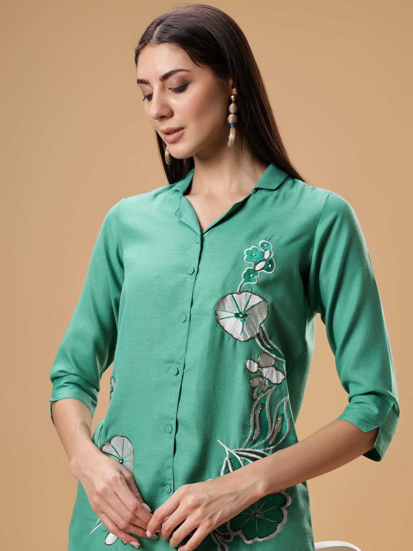 Floral Embroidered Shirt & Palazzos Set