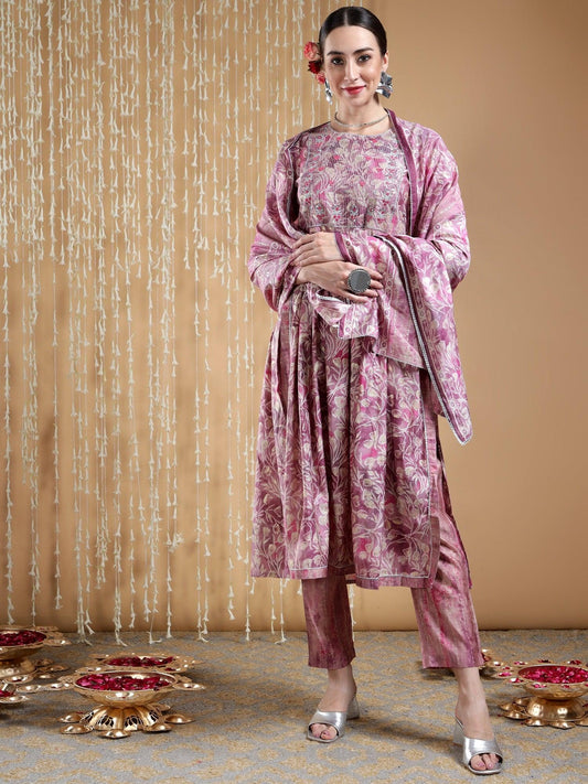 Bani Women A Line Floral Printed Silk Kurta with Pant & Dupatta Set for Women