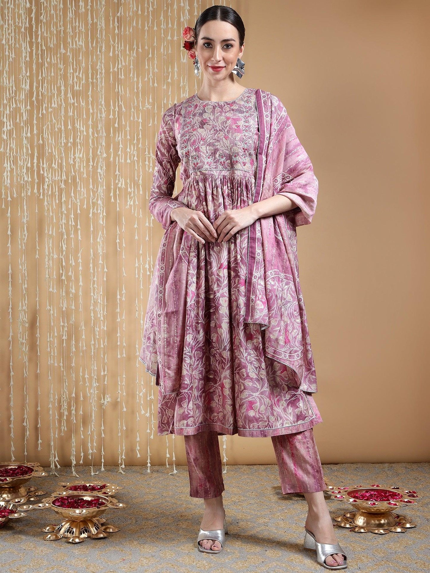 Bani Women A Line Floral Printed Silk Kurta with Pant & Dupatta Set for Women