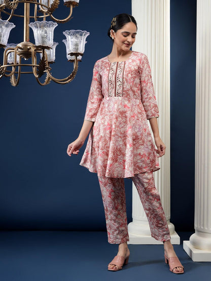 Floral Printed Round Neck A-Line Kurta With Trousers