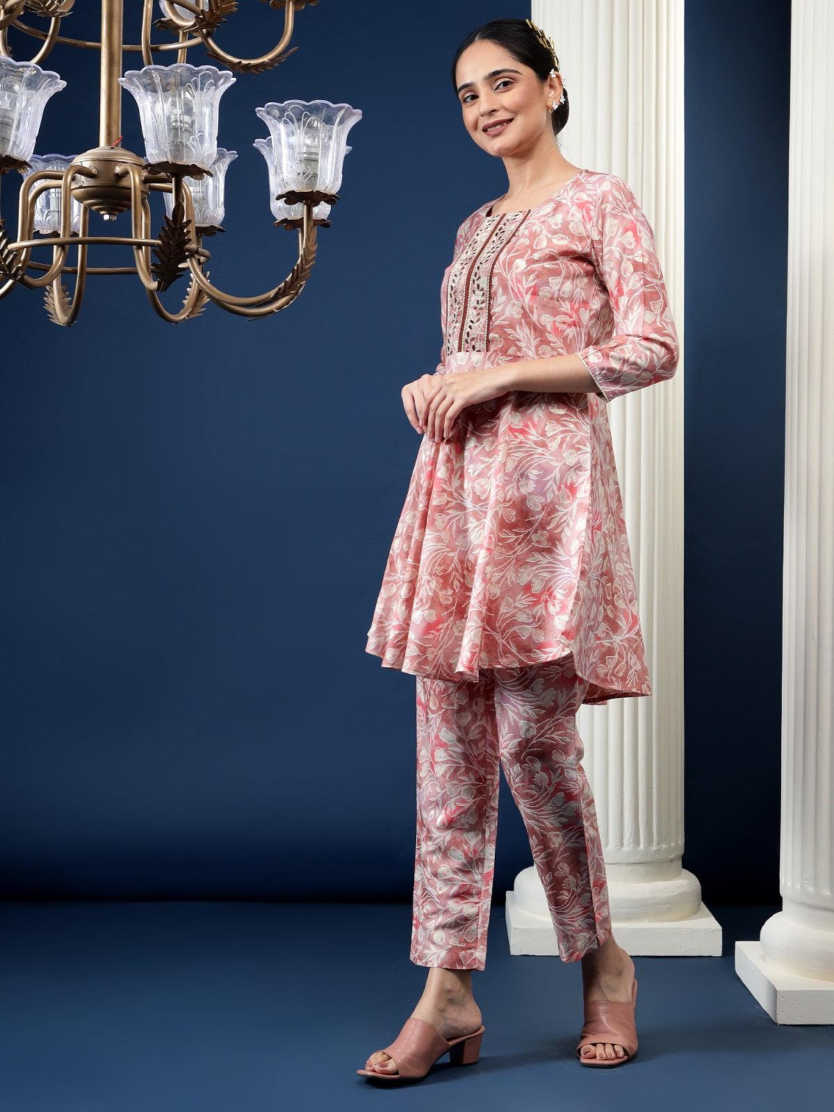 Floral Printed Round Neck A-Line Kurta With Trousers