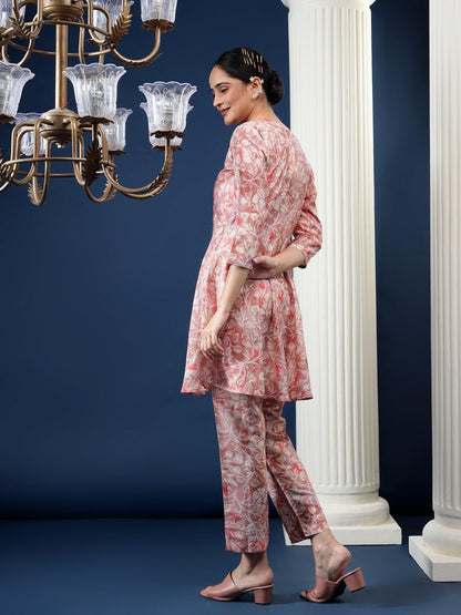 Floral Printed Round Neck A-Line Kurta With Trousers