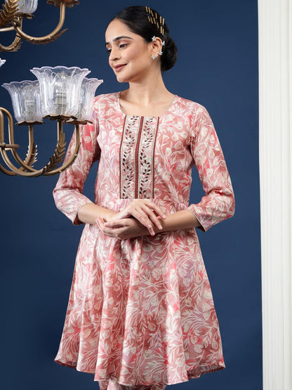 Floral Printed Round Neck A-Line Kurta With Trousers