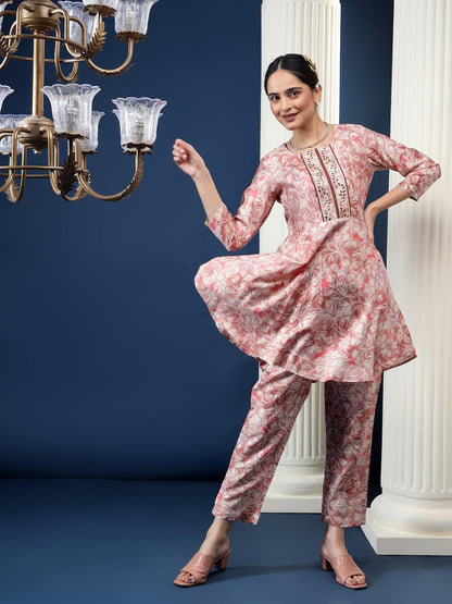 Floral Printed Round Neck A-Line Kurta With Trousers