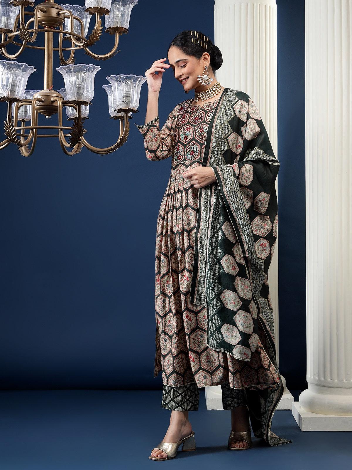 Ethnic Motifs Printed Pleated Gotta Patti Kurta with Trousers & Dupatta