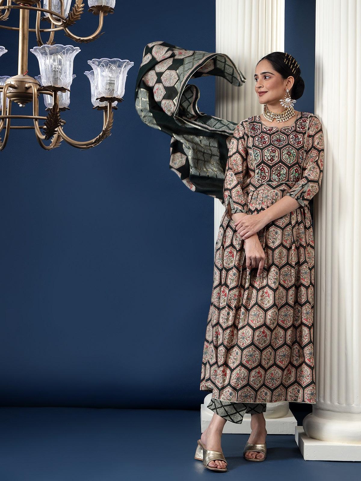 Ethnic Motifs Printed Pleated Gotta Patti Kurta with Trousers & Dupatta