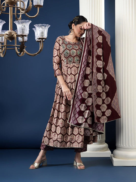 Ethnic Motifs Printed Pleated Gotta Patti Kurta with Trousers & Dupatta