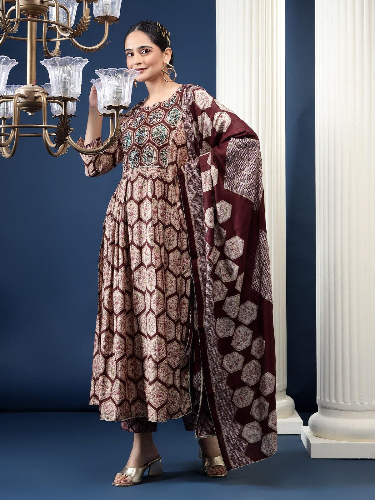 Ethnic Motifs Printed Pleated Gotta Patti Kurta with Trousers & Dupatta