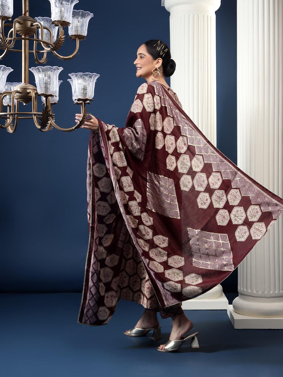Ethnic Motifs Printed Pleated Gotta Patti Kurta with Trousers & Dupatta