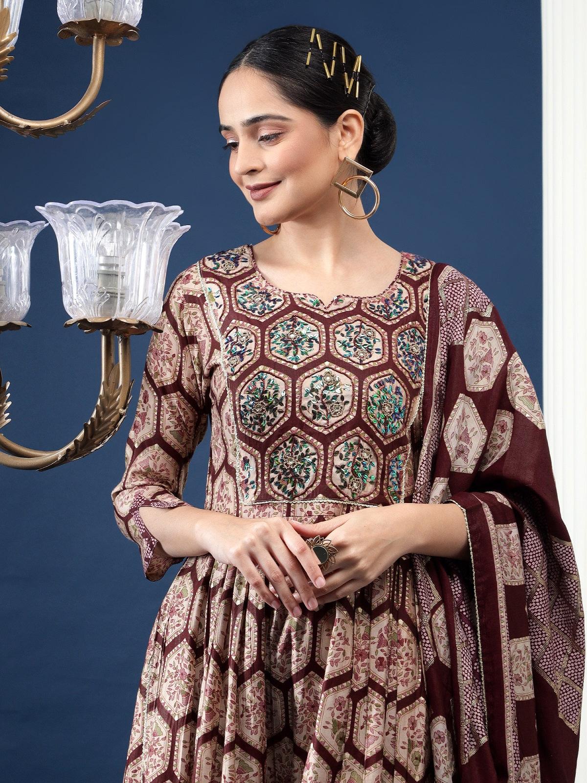 Ethnic Motifs Printed Pleated Gotta Patti Kurta with Trousers & Dupatta