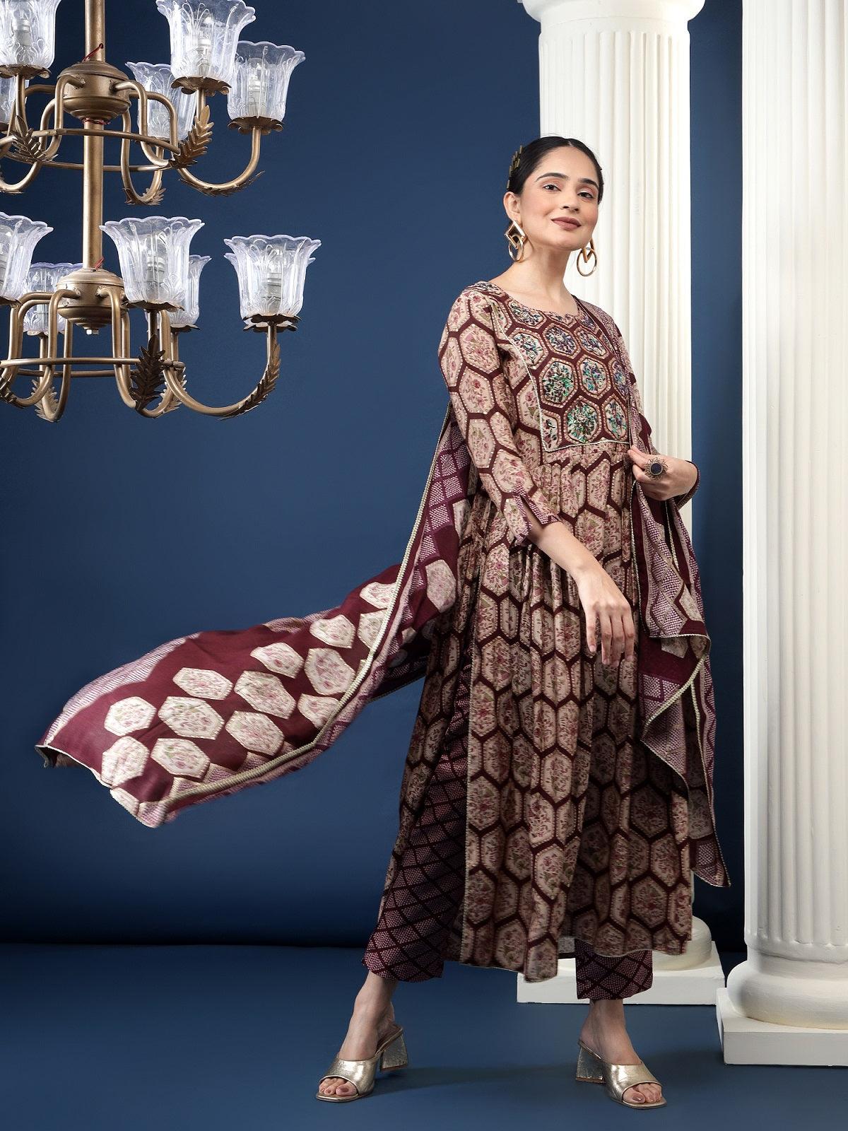 Ethnic Motifs Printed Pleated Gotta Patti Kurta with Trousers & Dupatta