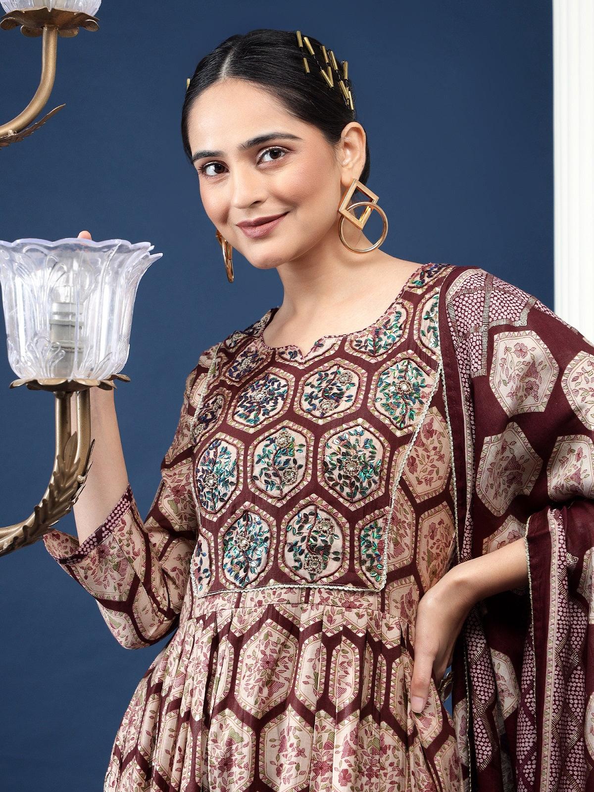 Ethnic Motifs Printed Pleated Gotta Patti Kurta with Trousers & Dupatta
