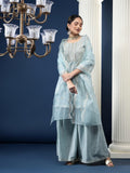 Rajwah Silk Women Grey Embroidered Kurta Dupatta Set with Flared Palazzo