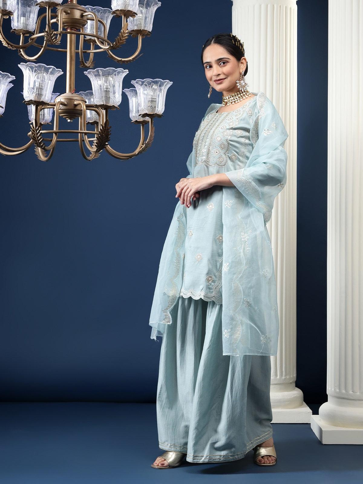 Rajwah Silk Women Grey Embroidered Kurta Dupatta Set with Flared Palazzo