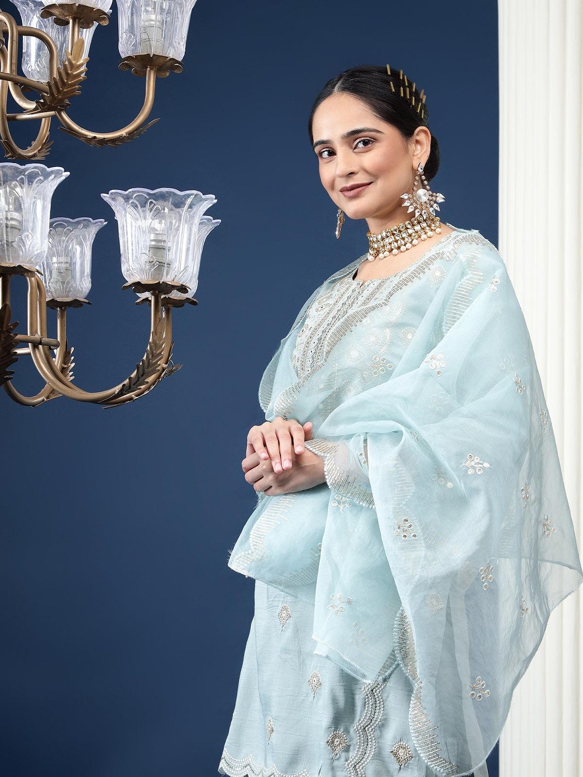 Rajwah Silk Women Grey Embroidered Kurta Dupatta Set with Flared Palazzo