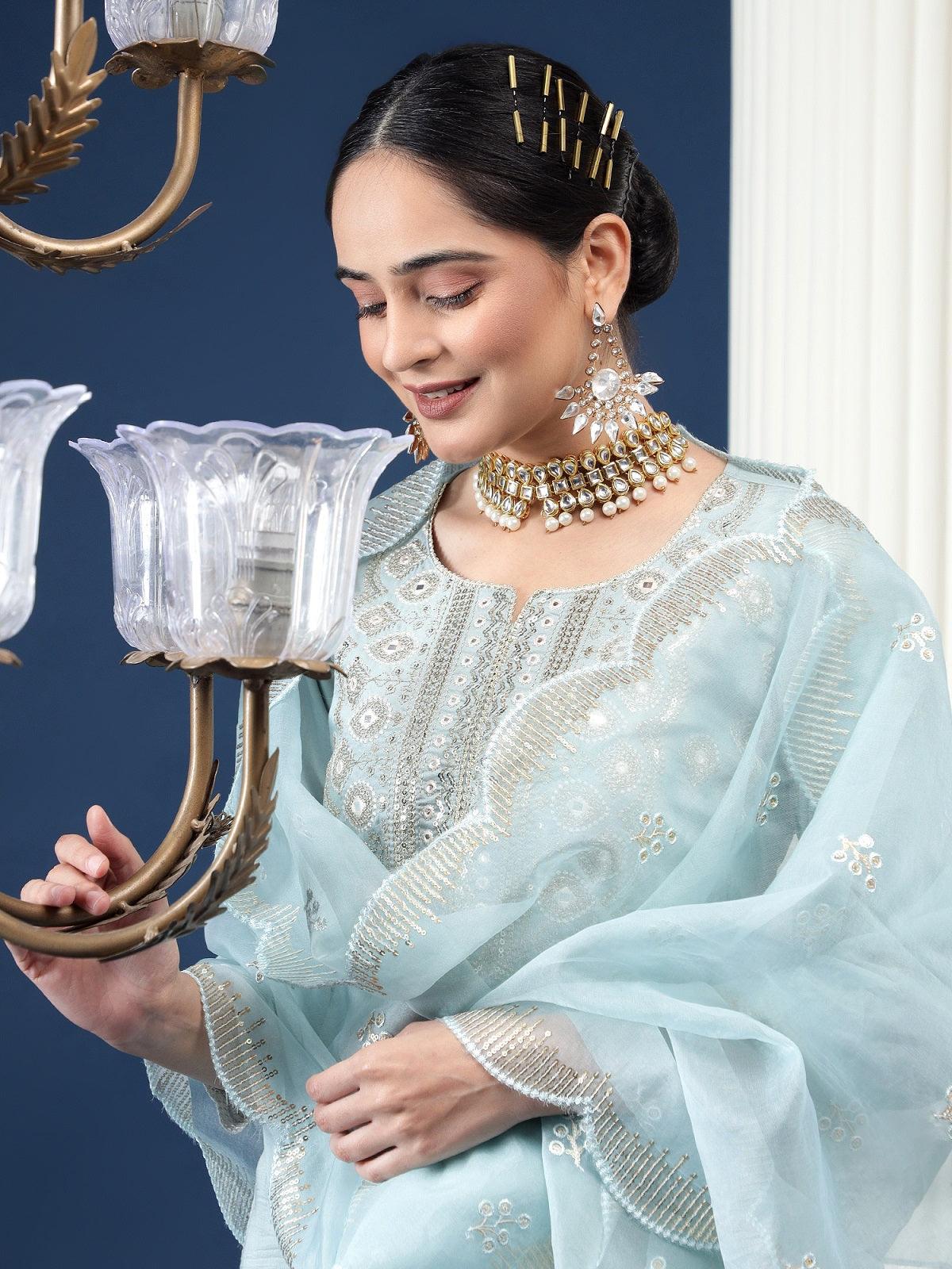 Rajwah Silk Women Grey Embroidered Kurta Dupatta Set with Flared Palazzo