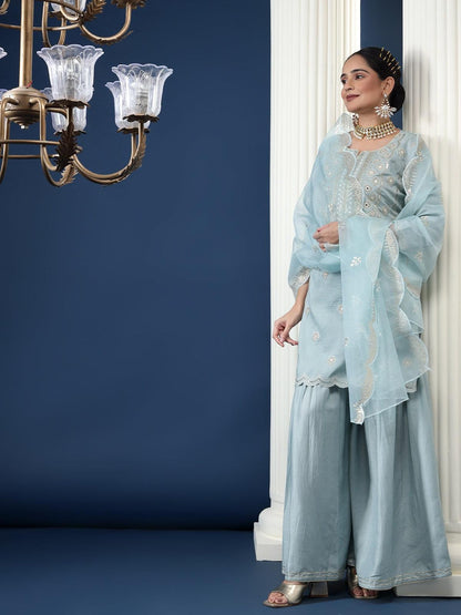 Rajwah Silk Women Grey Embroidered Kurta Dupatta Set with Flared Palazzo