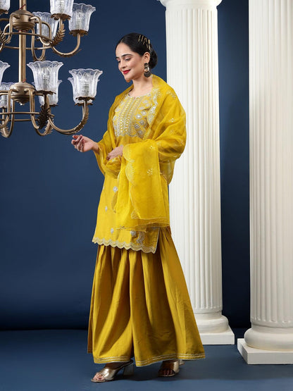 Rajwah Silk Women Mustard Embroidered Kurta Dupatta Set with Flared Palazzo