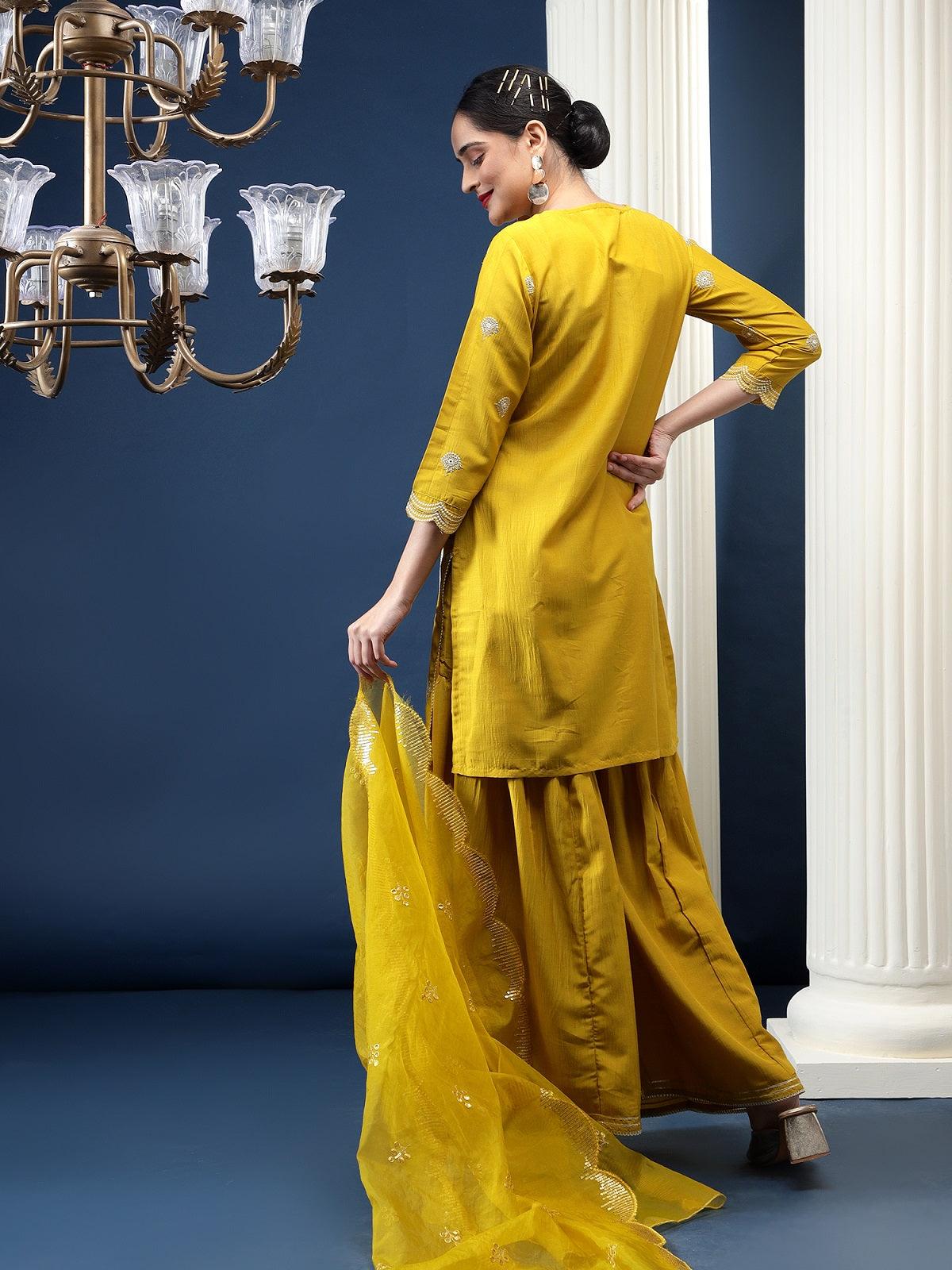 Rajwah Silk Women Mustard Embroidered Kurta Dupatta Set with Flared Palazzo